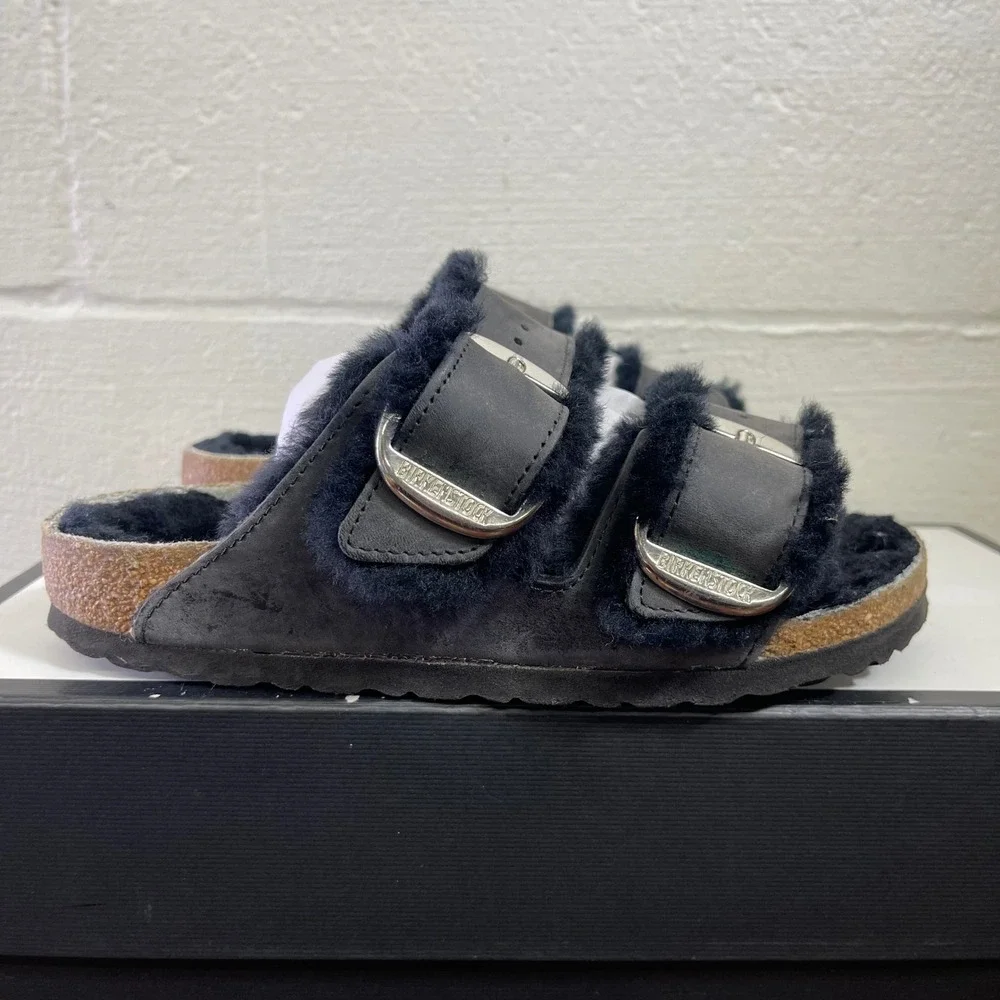 Birkenstock Arizona Big Buckle Black Shearling Sandals Slides Womens 36 EU/5 US‎